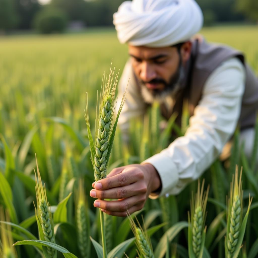 Pakistani farmer inspecting wheat crop in a field