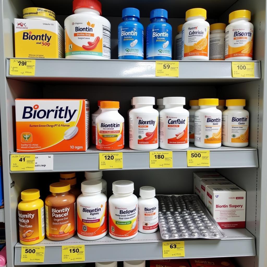 Biotin capsules on display in a Pakistani pharmacy