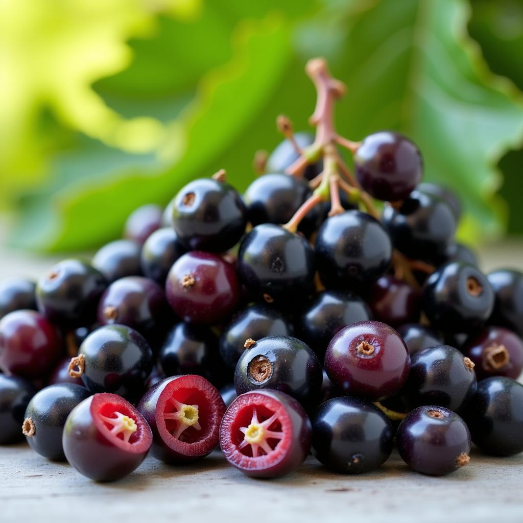 A close-up shot of fresh black currants, highlighting their deep color and nutritional richness.