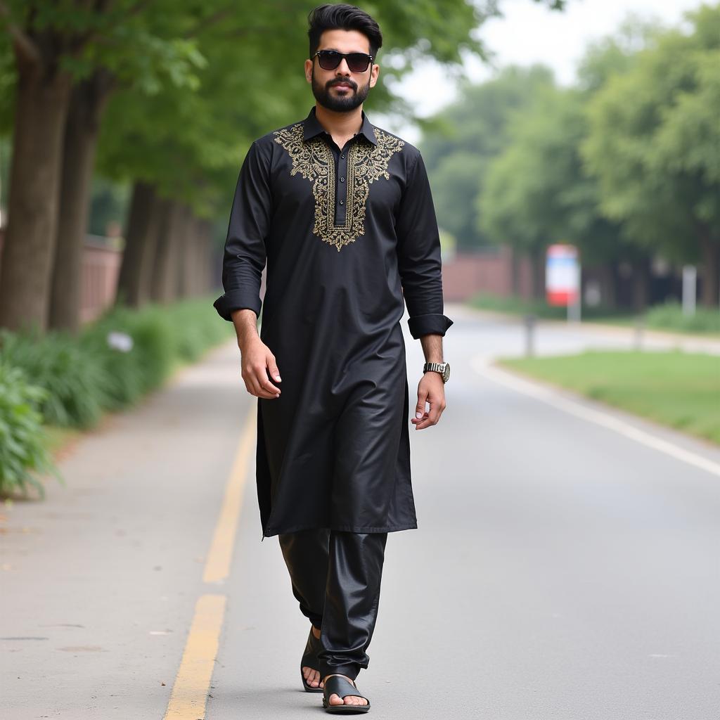 Stylish black leather pants worn in a Pakistani street style setting