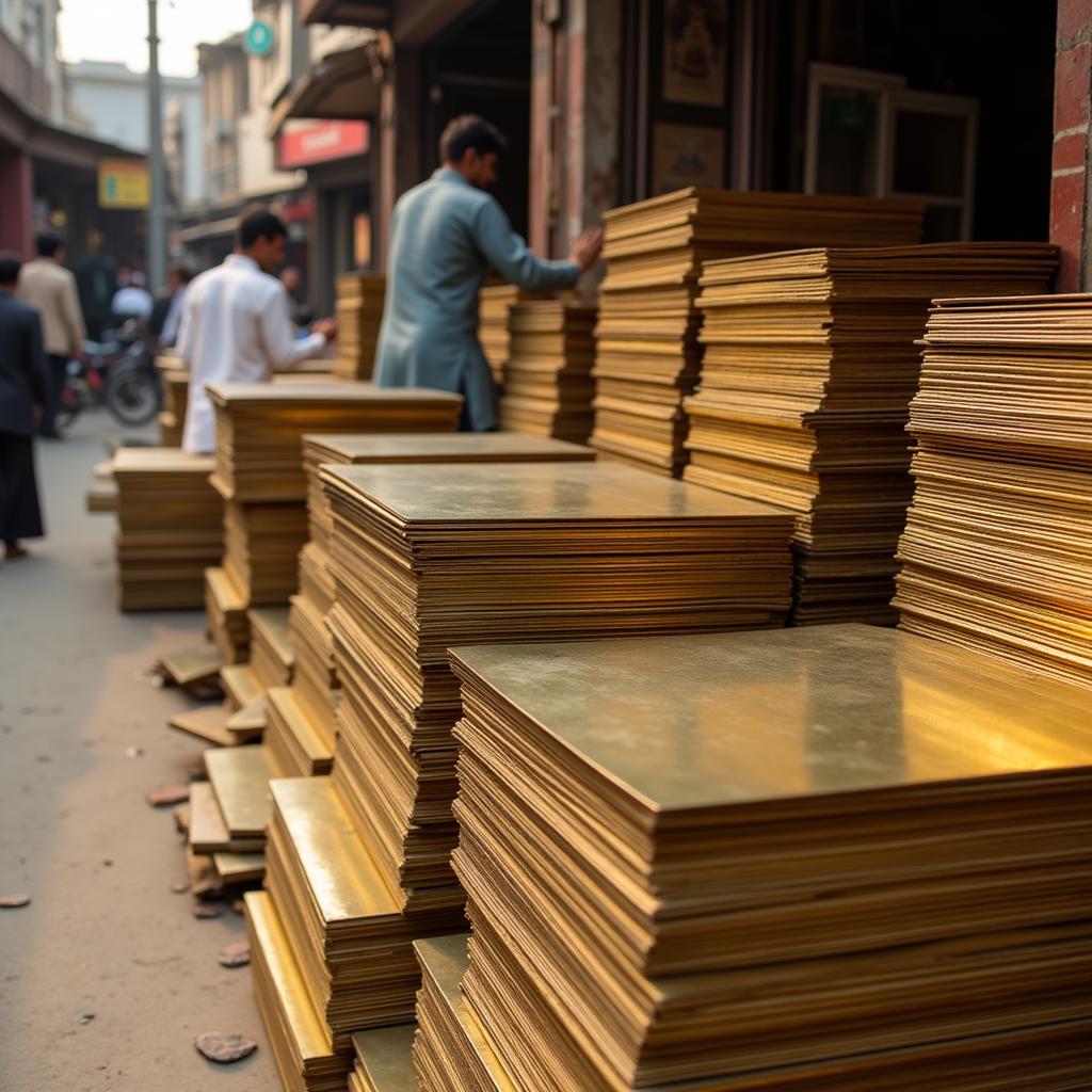 Brass sheets stacked in a Pakistani market