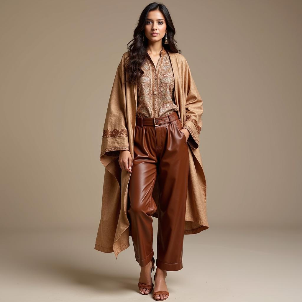 Brown leather pants in a Pakistani fashion context