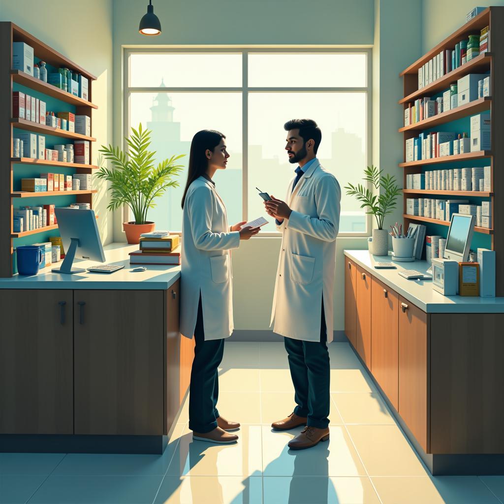 A person consulting a pharmacist about buspirone in a Pakistani pharmacy.