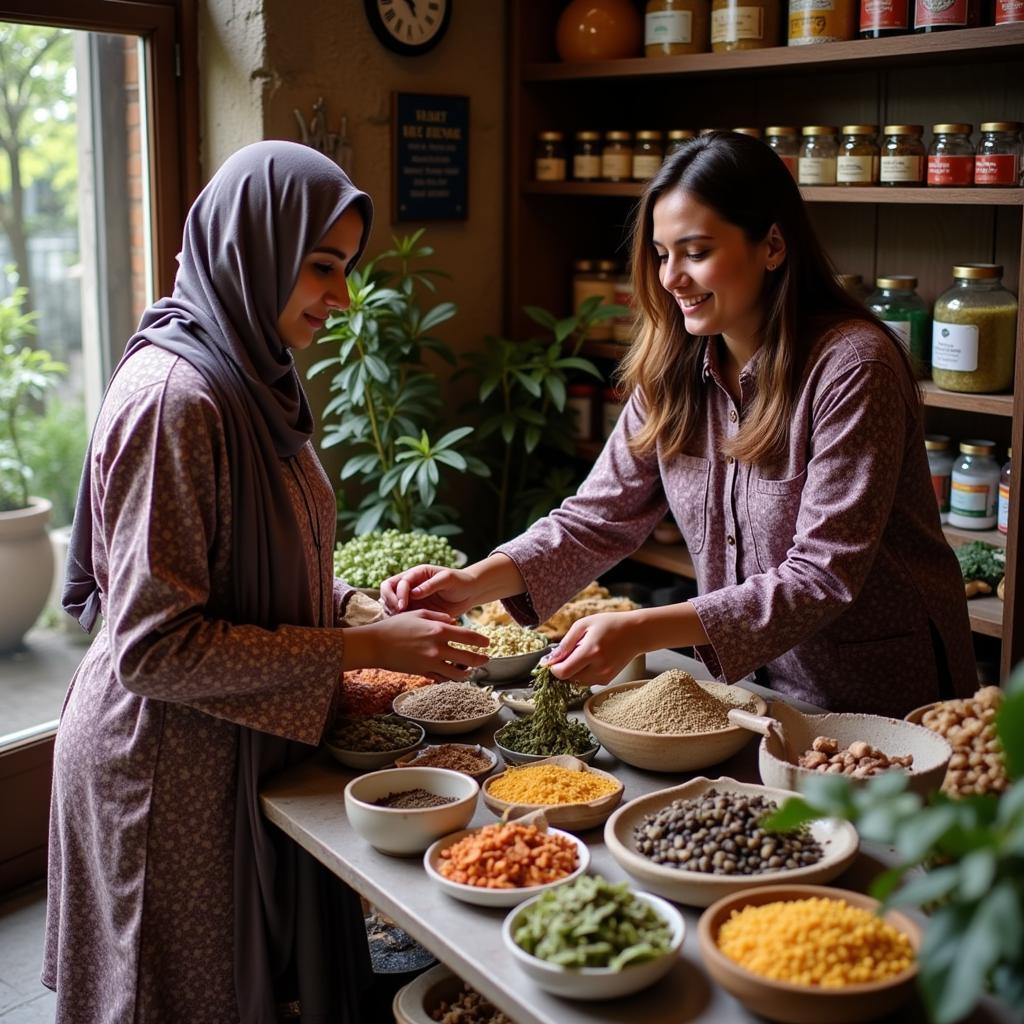 Woman buying shatavari in a Pakistani herbal shop