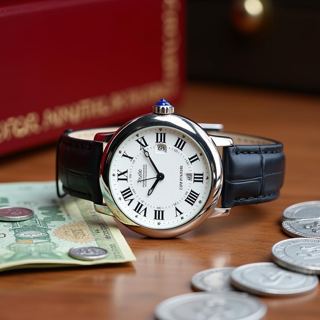 A Cartier Ballon Bleu watch displayed against a backdrop of Pakistani currency, illustrating the investment aspect of owning a luxury timepiece.