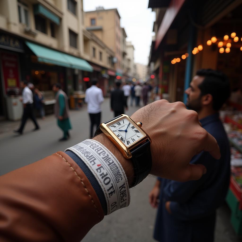 A close-up of a Cartier Tank watch on a wrist, highlighting its iconic rectangular design and elegant leather strap.