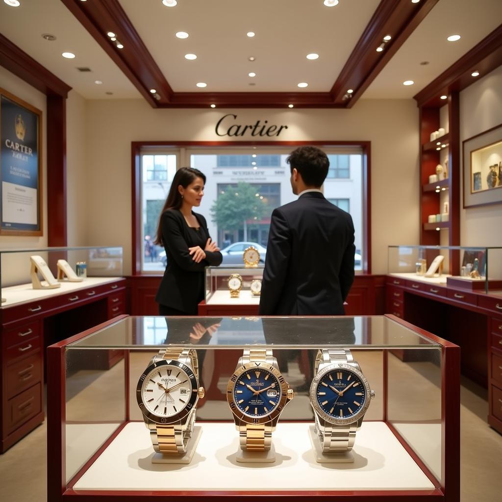 Cartier watches displayed in a luxurious showroom in Pakistan, showcasing the brand's elegance and prestige.