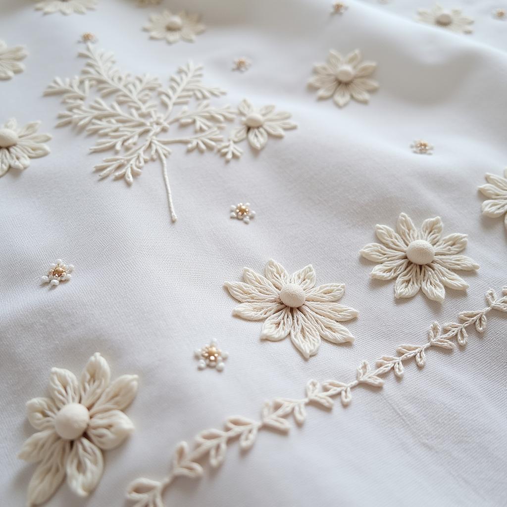 Close-up of intricate chikankari embroidery on white cotton fabric