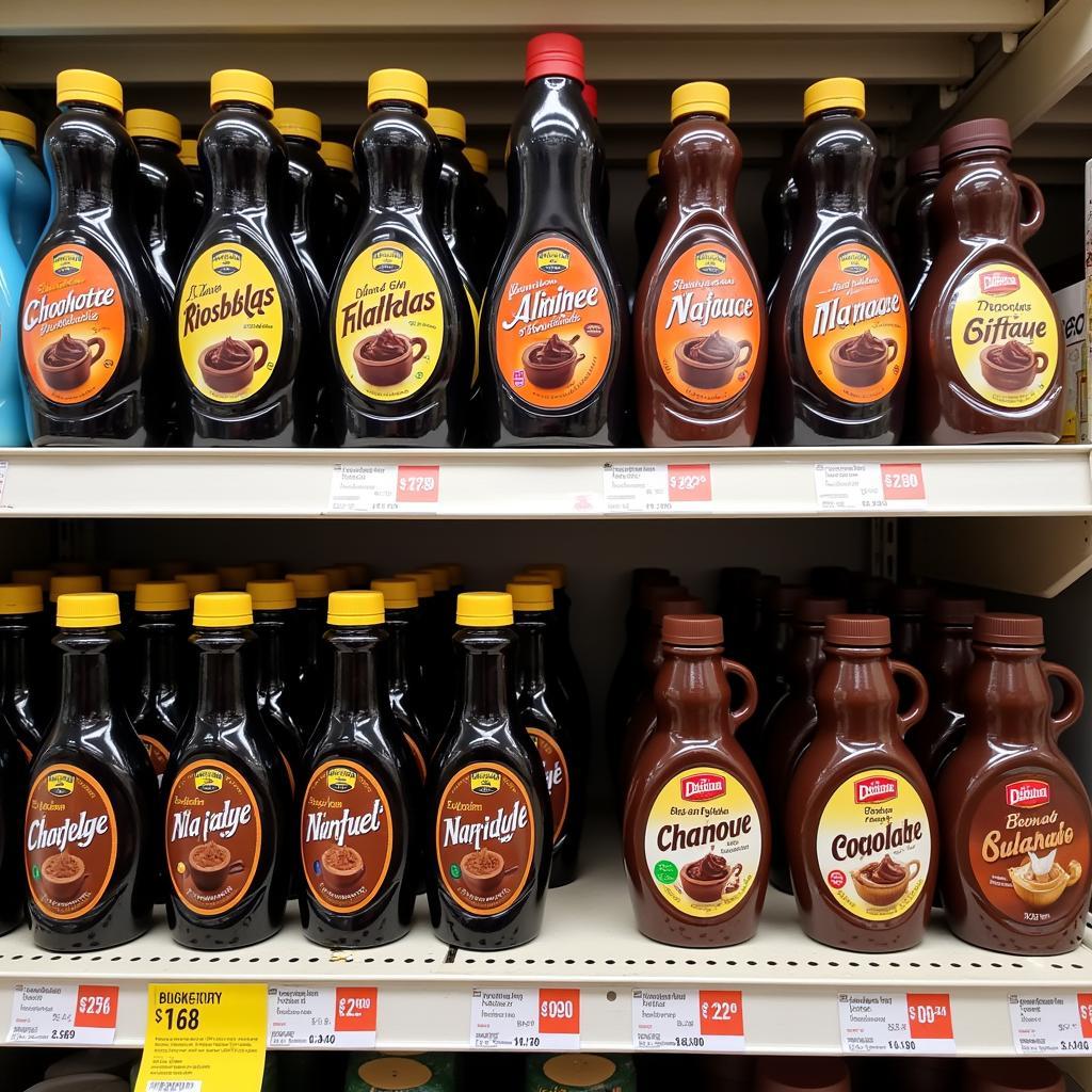 Chocolate Syrup Bottles on a Pakistani Supermarket Shelf