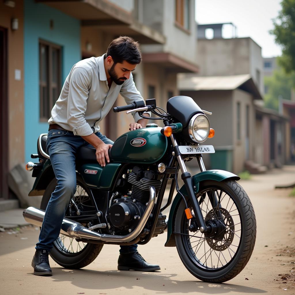 Man Inspecting a 150cc Bike in Pakistan