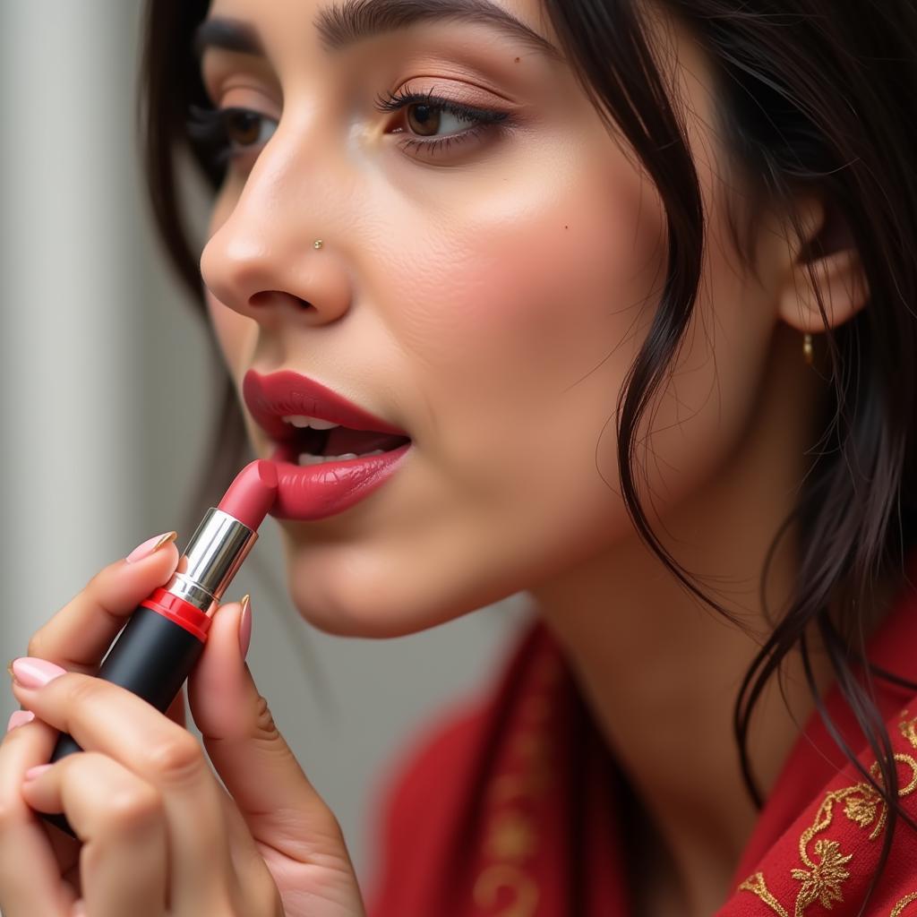 Pakistani Woman Applying Clazona Lipstick