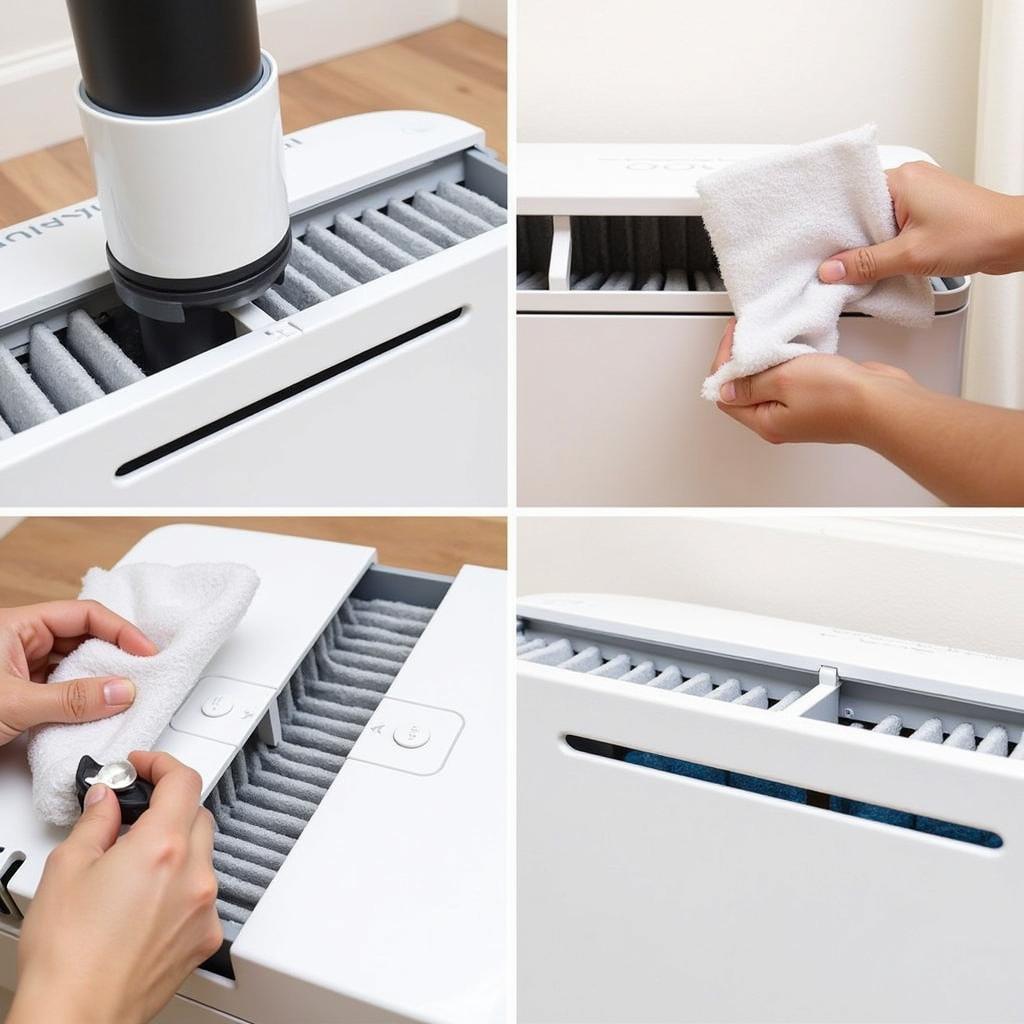 A person cleaning an air purifier filter, demonstrating proper maintenance procedures.