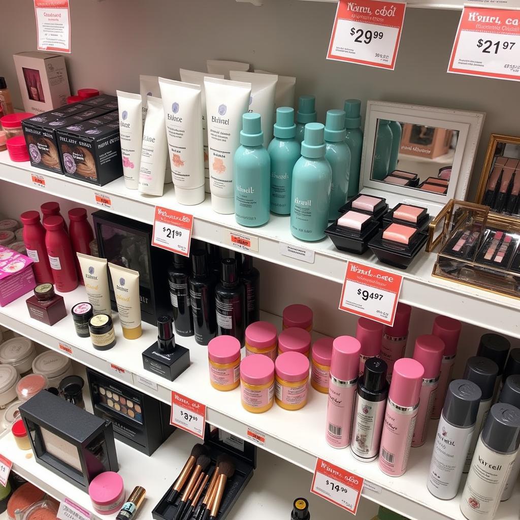 Discounted beauty products on display during a clearance sale in Pakistan