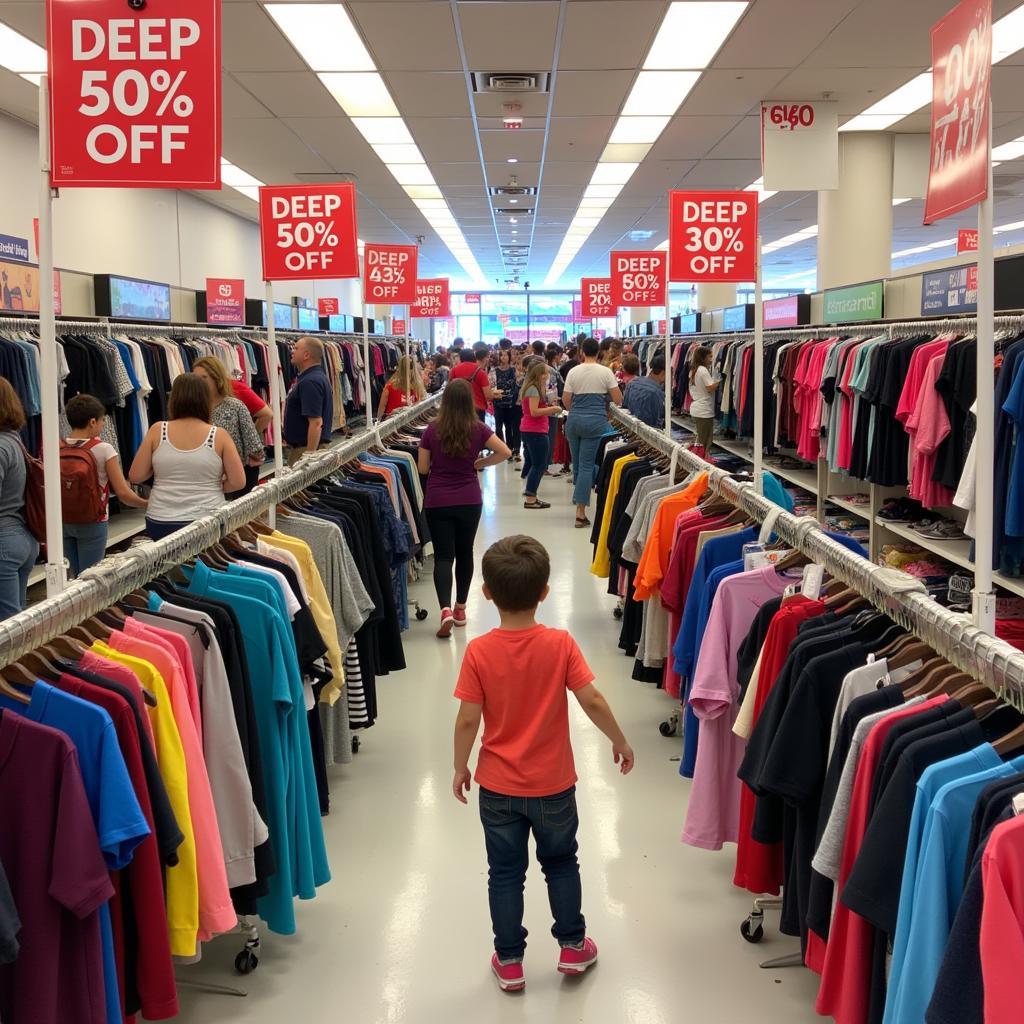 Pakistani shoppers browsing discounted clothing at a clearance sale