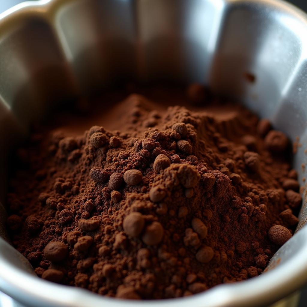 Close up view of a moka pot filter basket filled with finely ground coffee