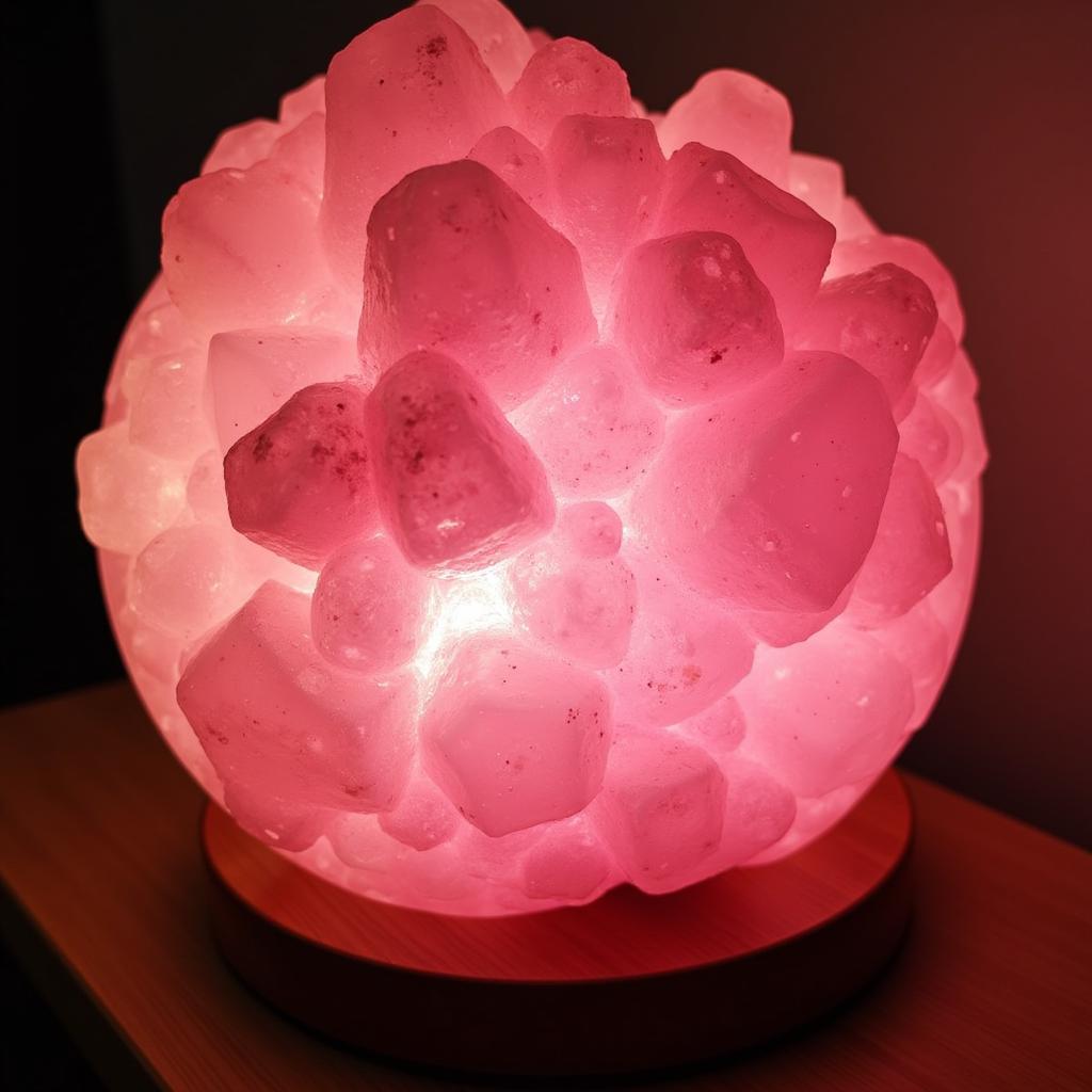 Close-up view of the crystalline texture of a Himalayan pink salt lamp