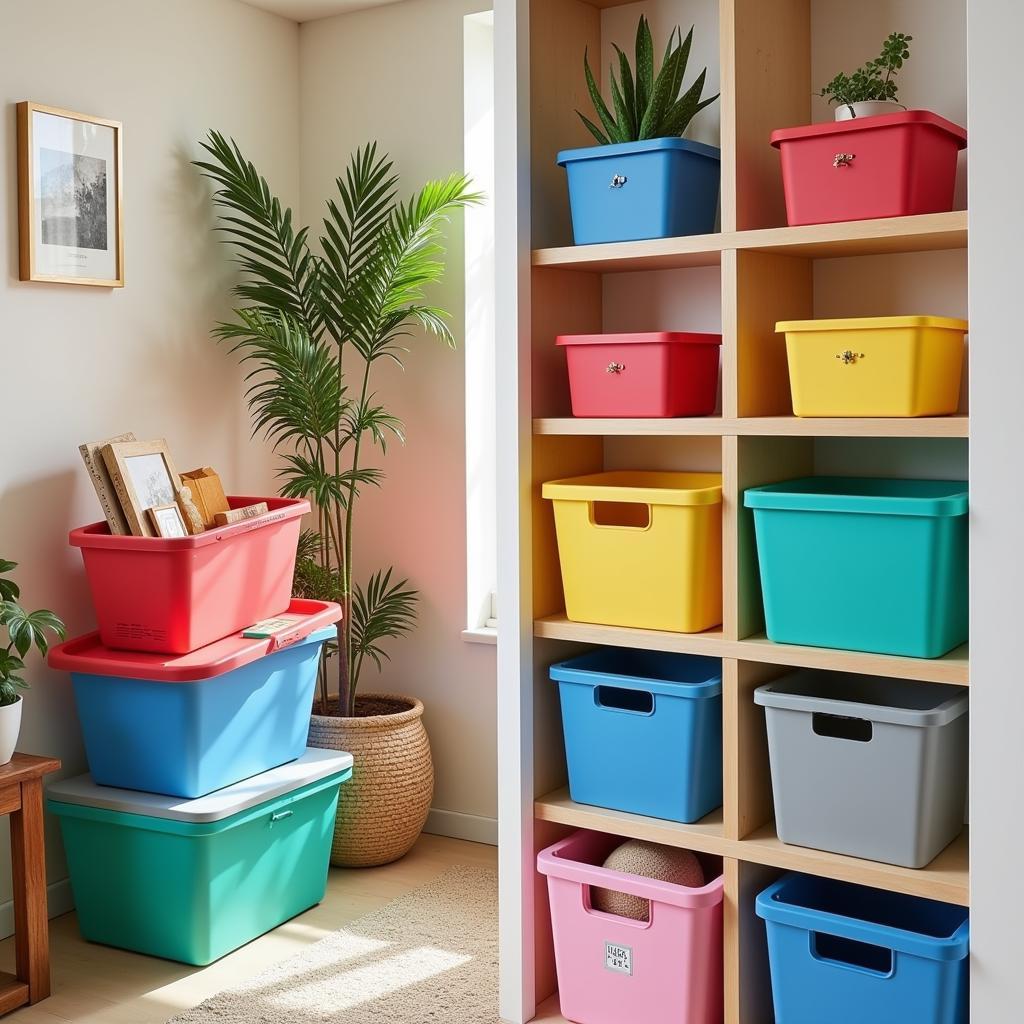 Colorful Plastic Storage Boxes Organized in a Pakistani Home