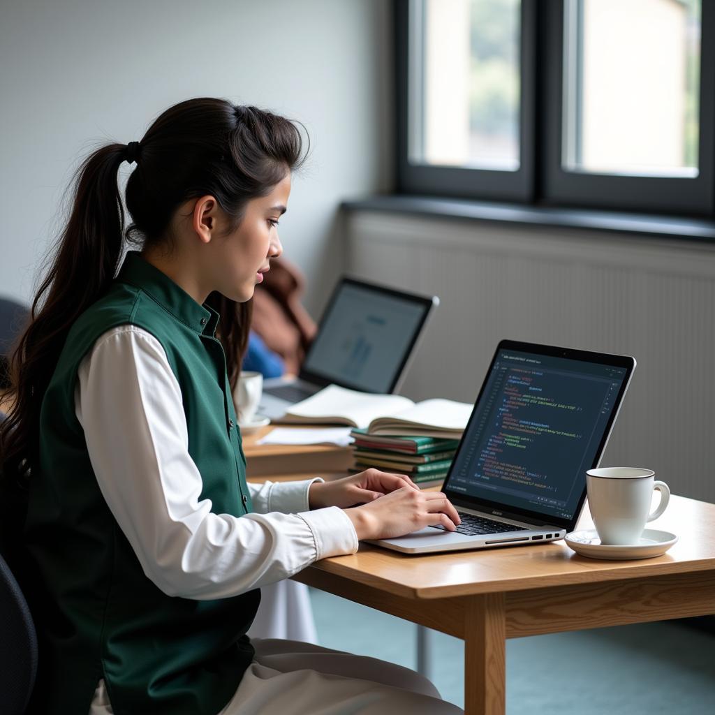 A Pakistani student engaged in data analysis on their laptop