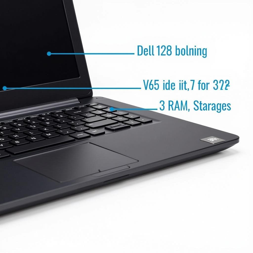 Dell Latitude 7390 Specifications in Pakistan - Close-up image of the Dell Latitude 7390 keyboard and trackpad, with text overlay highlighting key specifications like processor, RAM, and storage.