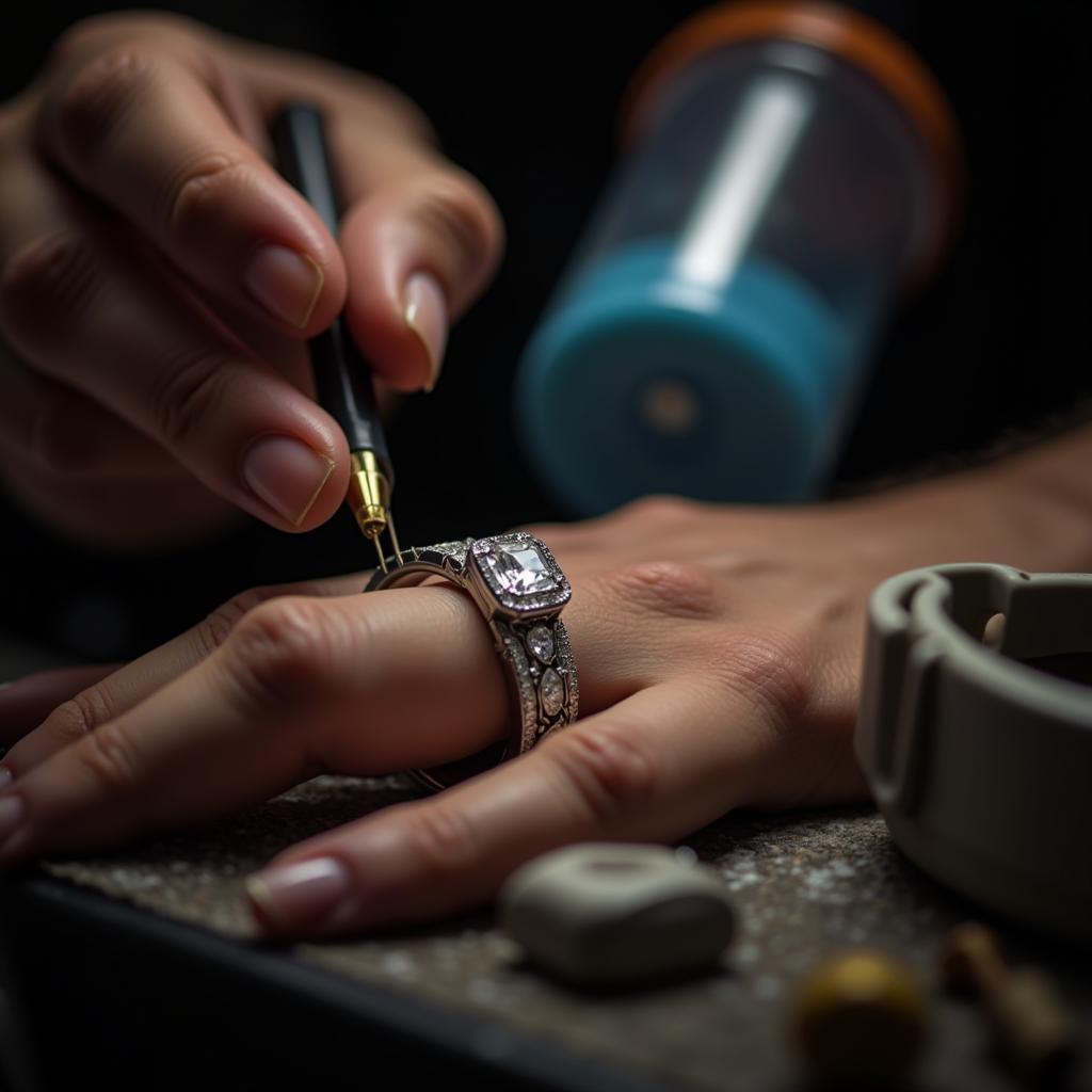 A jeweler in Pakistan carefully cleaning a diamond ring.