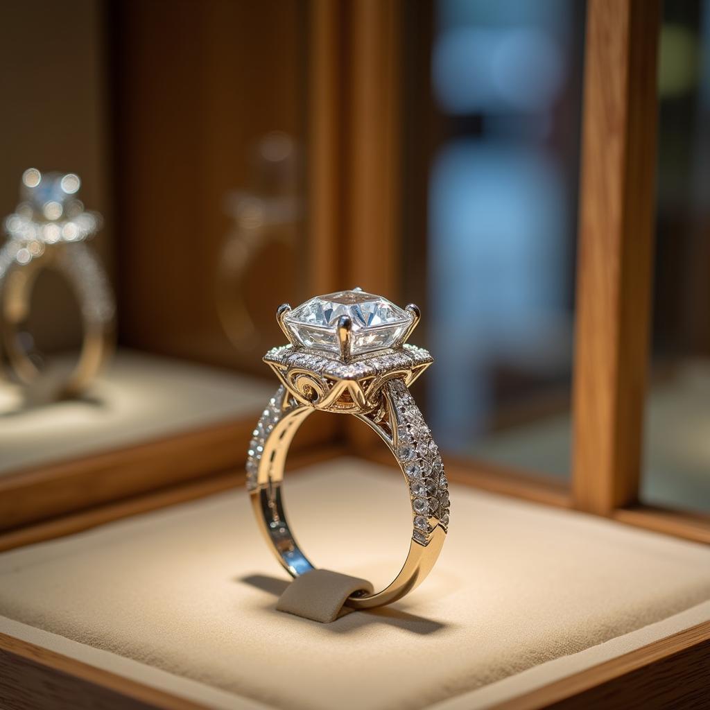 Diamond ring price in Pakistan: A close-up of a sparkling diamond ring on display in a Pakistani jewelry store.