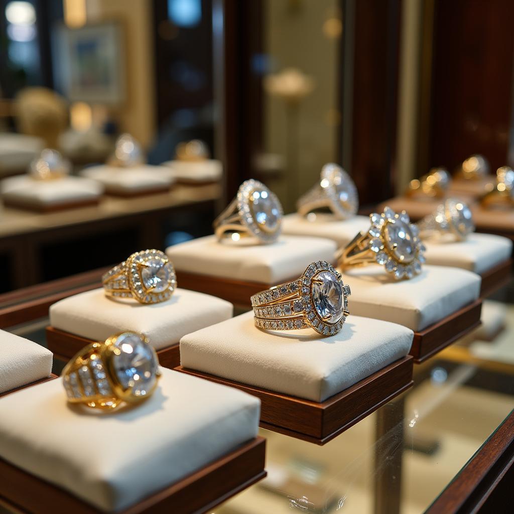 Diamond rings displayed in a Pakistani jewelry store showcasing various designs and settings