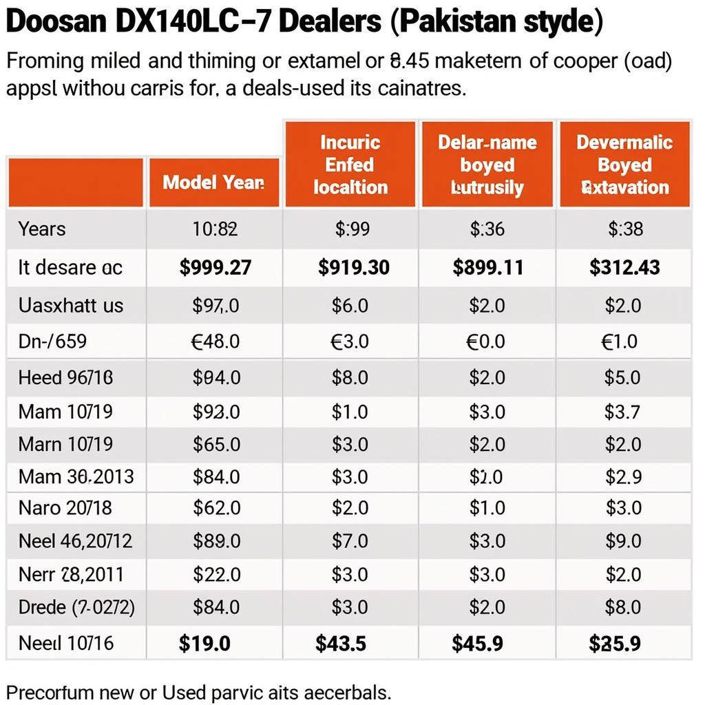 Comparison chart of Doosan excavator 140 prices from different dealers in Pakistan