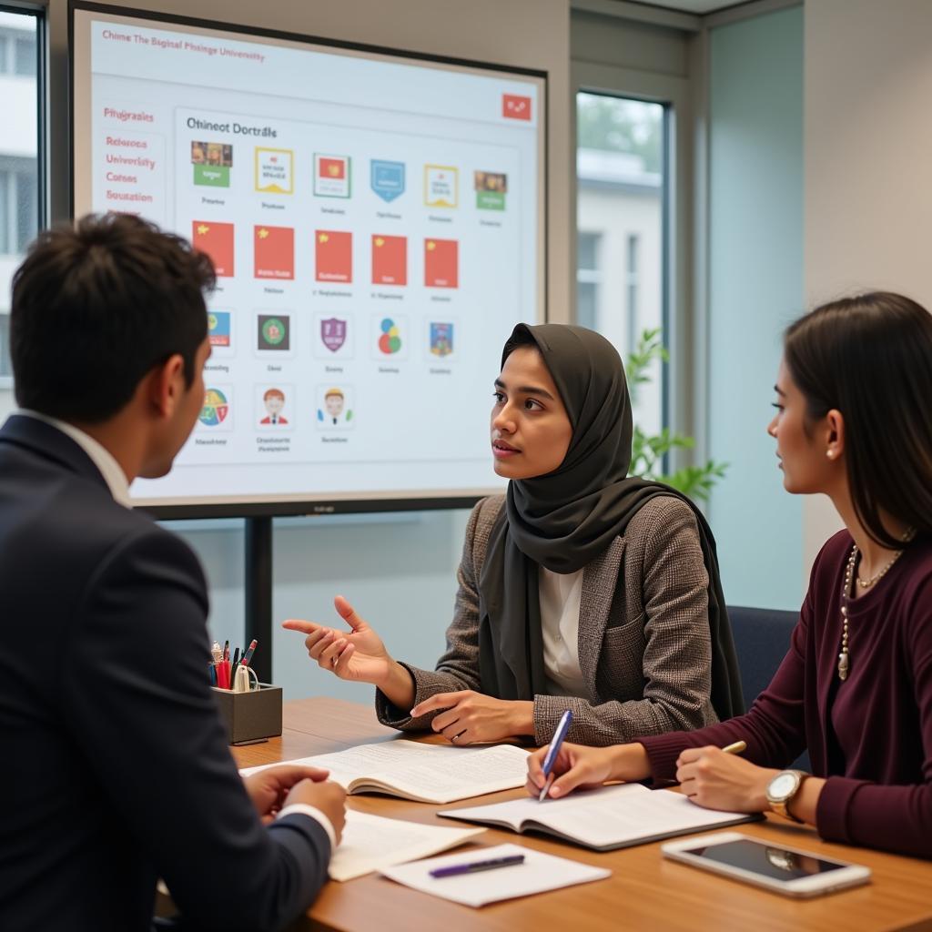 Pakistani student meeting with education consultants specializing in Chinese universities