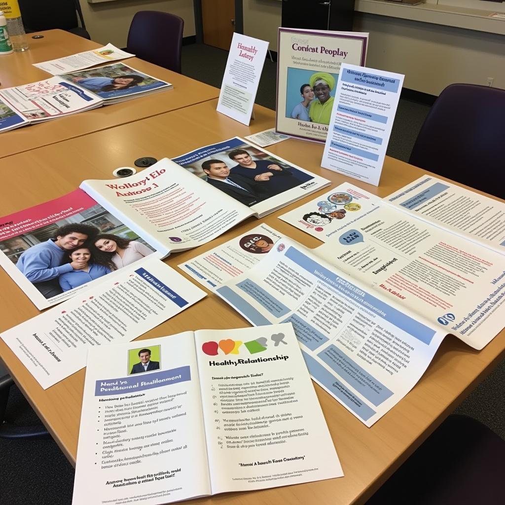 Educational materials on sexual health and relationships displayed on a table in a college health center in Pakistan.