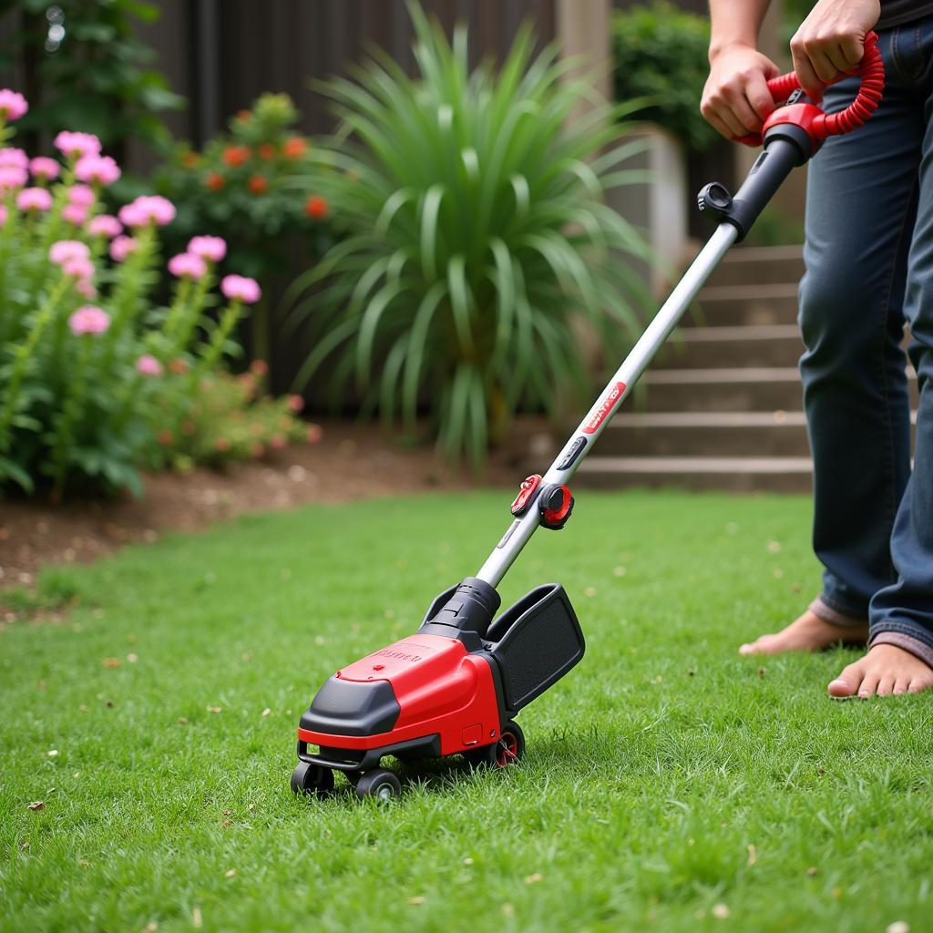 Electric grass cutter being used in a Pakistani garden