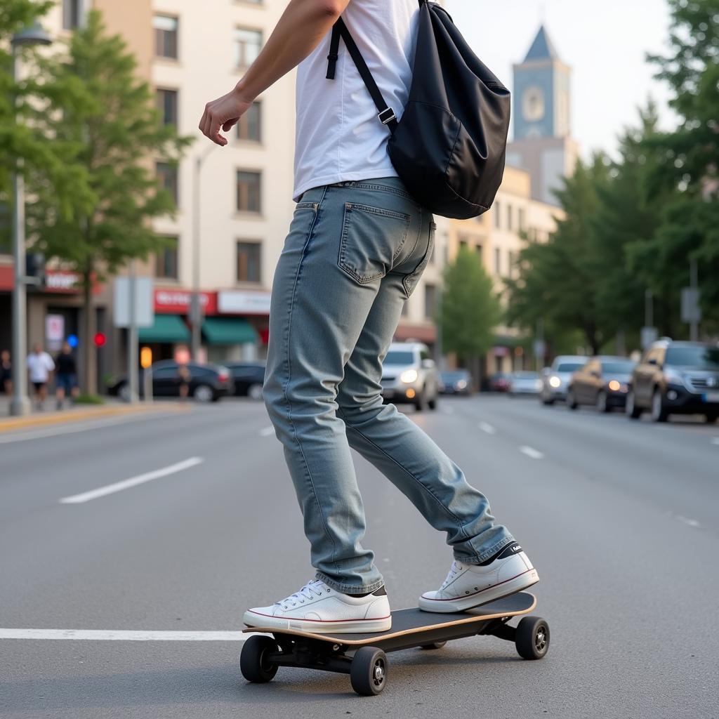 Electric Skateboard Rider in City