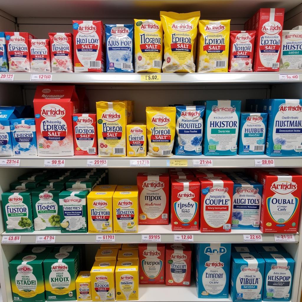 Different packages of epsom salt available in a Pakistani pharmacy, showcasing various brands and sizes.