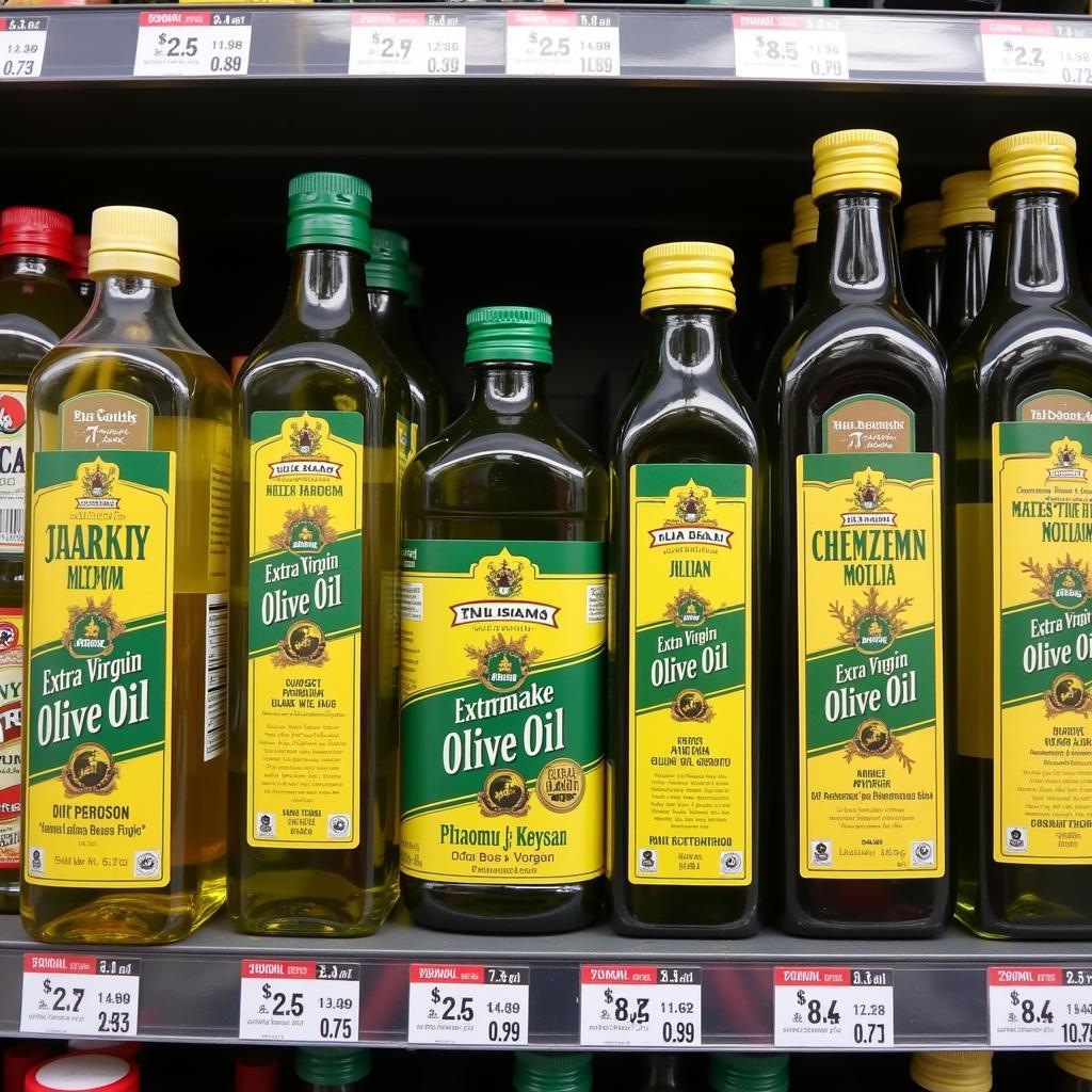 Extra Virgin Olive Oil Bottles on a Pakistani Grocery Shelf