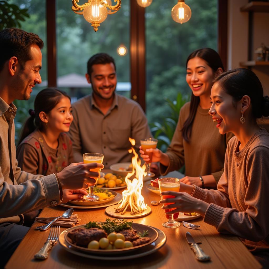 A Pakistani family enjoying Pakola together during a meal.