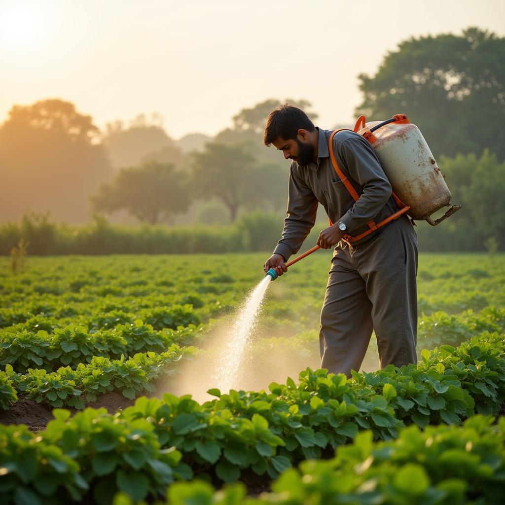 Farmer applying fertilizer to crops