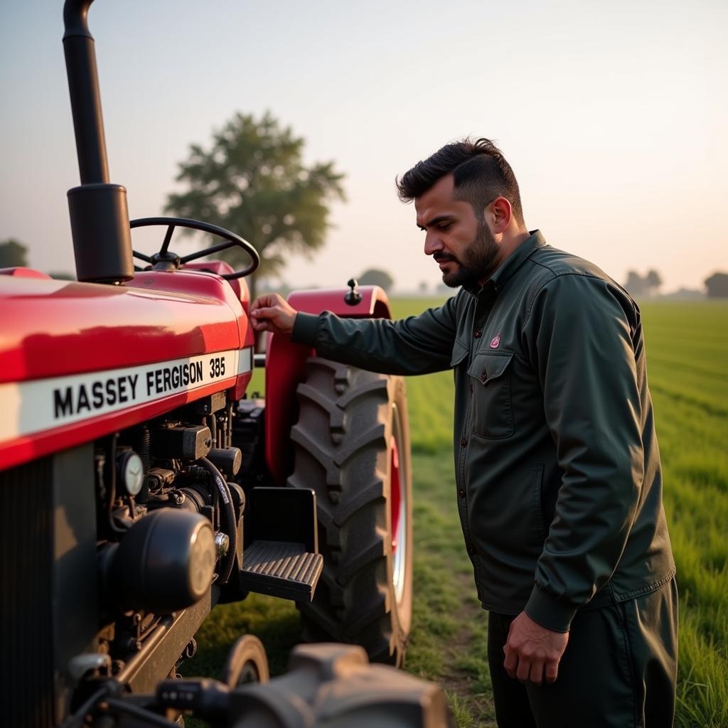 A Pakistani farmer inspecting a Massey Ferguson 385 tractor