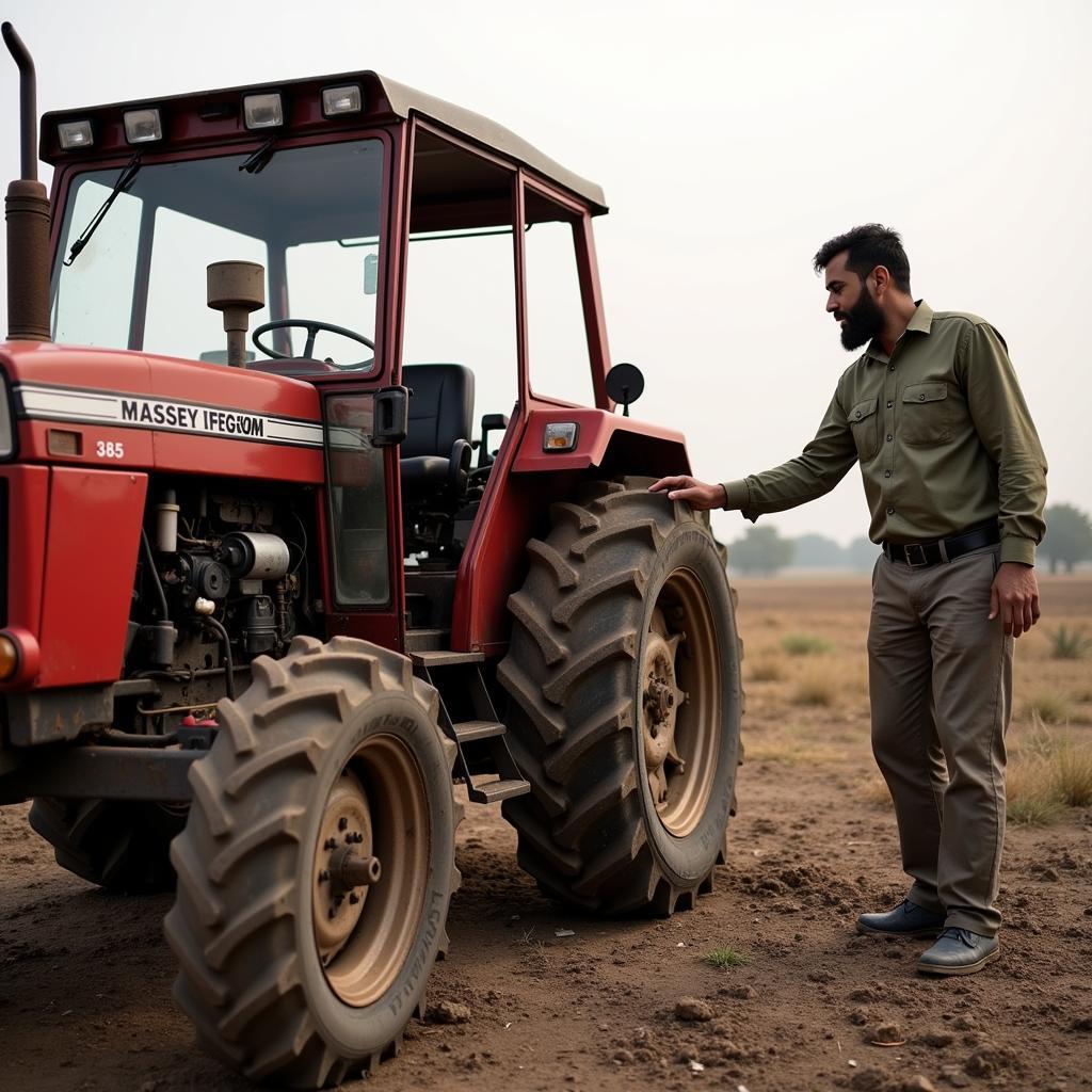 Farmer inspecting a Massey Ferguson 385 tractor