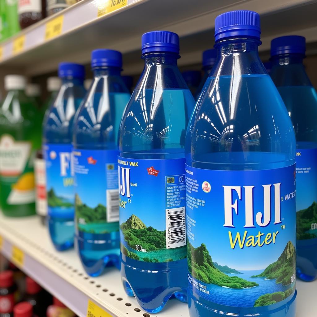 Fiji Water bottles displayed on a supermarket shelf in Pakistan