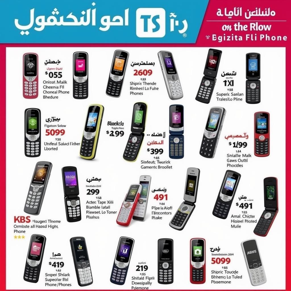 Various flip phone models displayed in a Pakistani mobile phone shop.