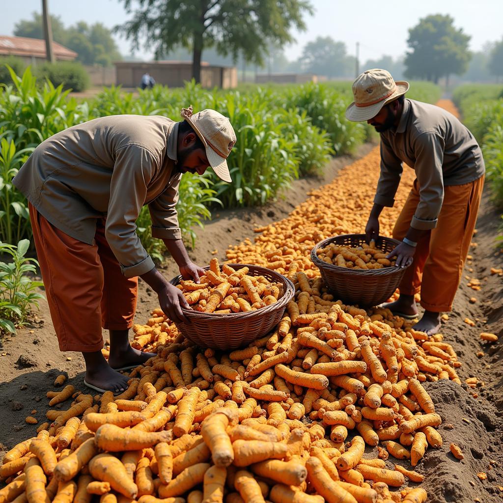 Pakistani Farmers Harvesting Turmeric