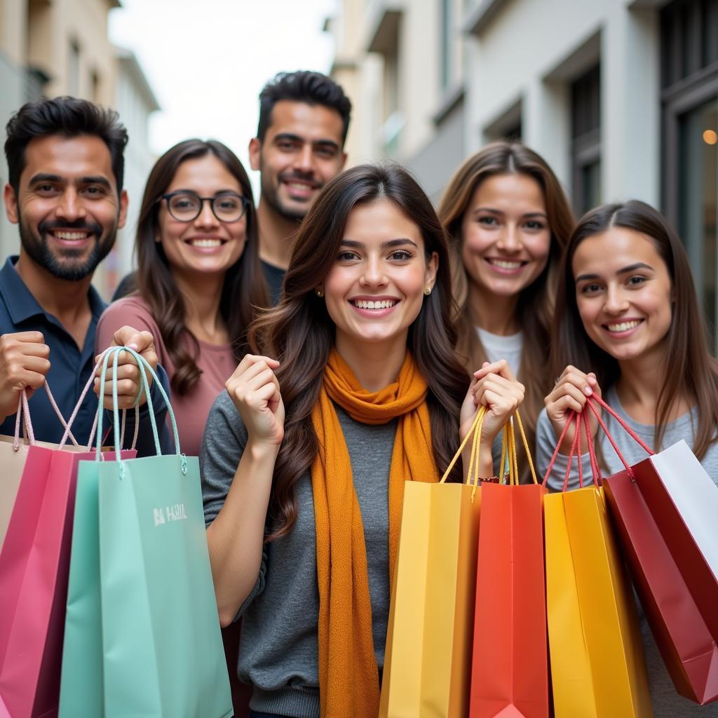 Happy Pakistani shoppers with shopping bags, illustrating the satisfaction of finding great deals.