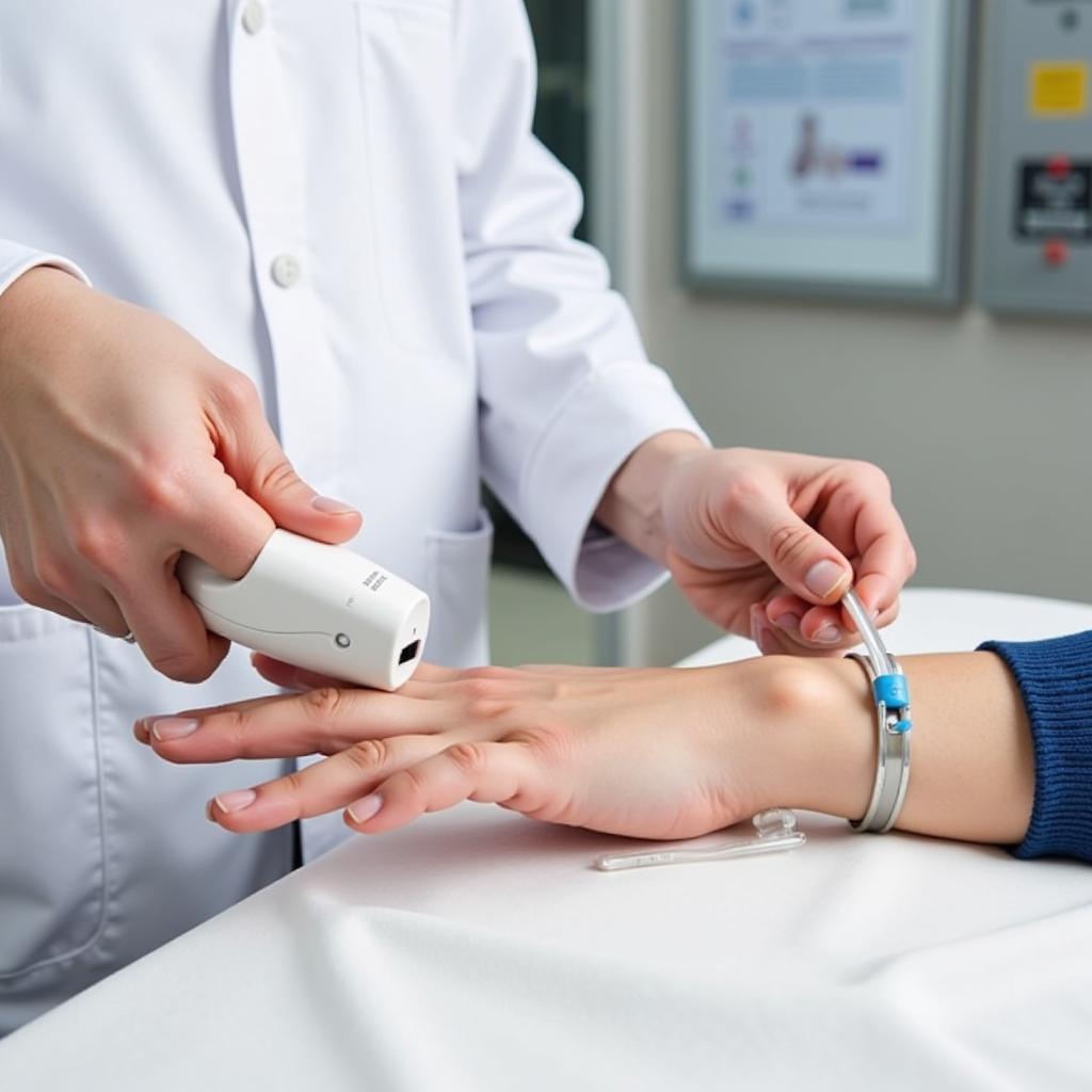 A doctor using a vein finder to locate a vein on a patient's hand