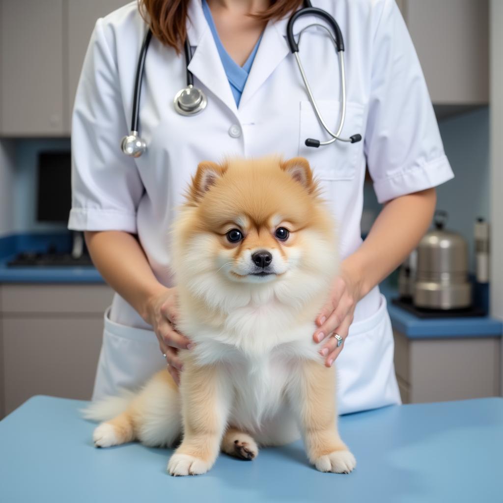 Healthy Pomeranian puppy at a vet checkup