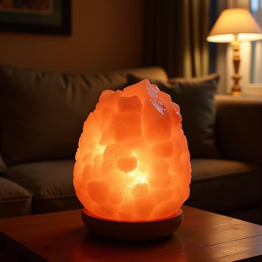 Himalayan pink salt lamp glowing warmly in a Pakistani living room