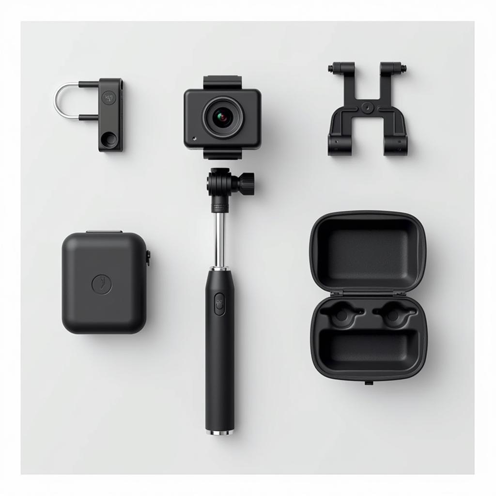 Various Insta360 accessories and packaging including the selfie stick and charging case