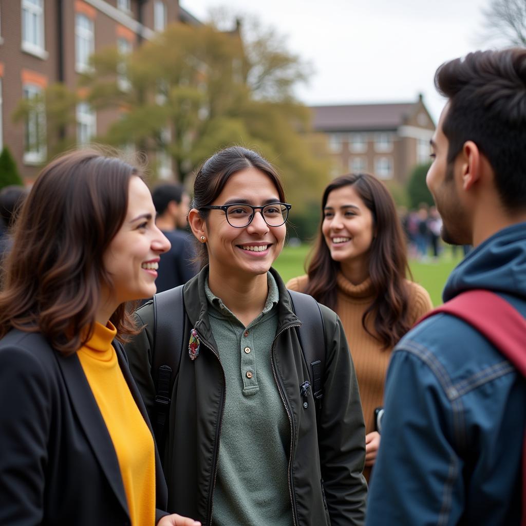 Diverse group of international students, including Pakistanis, socializing on a vibrant Irish university campus