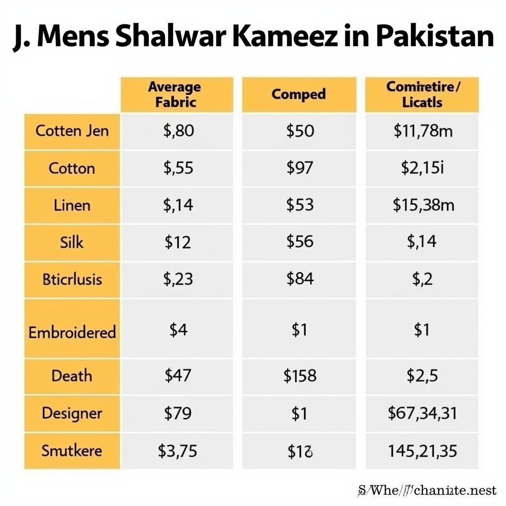 J. Mens Shalwar Kameez Price Comparison Chart