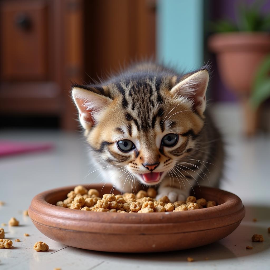 Kitten Enjoying a Meal in Pakistan