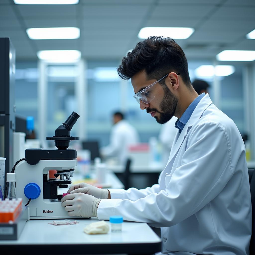 Lab Technician performing tests in a modern Pakistani laboratory