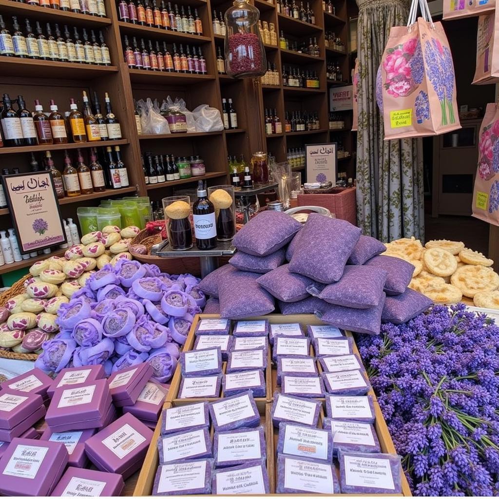 Display of various lavender products like essential oils, dried flowers, and soaps in a Pakistani market.